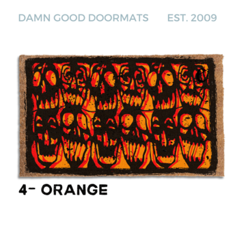 door mat with a black and orange grafitti style skull Halloween design inspired by the 80's cult film Desperately Seeking Susan.