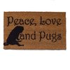 outdoor coir doormat with black pug and words Peace Love & Pugs